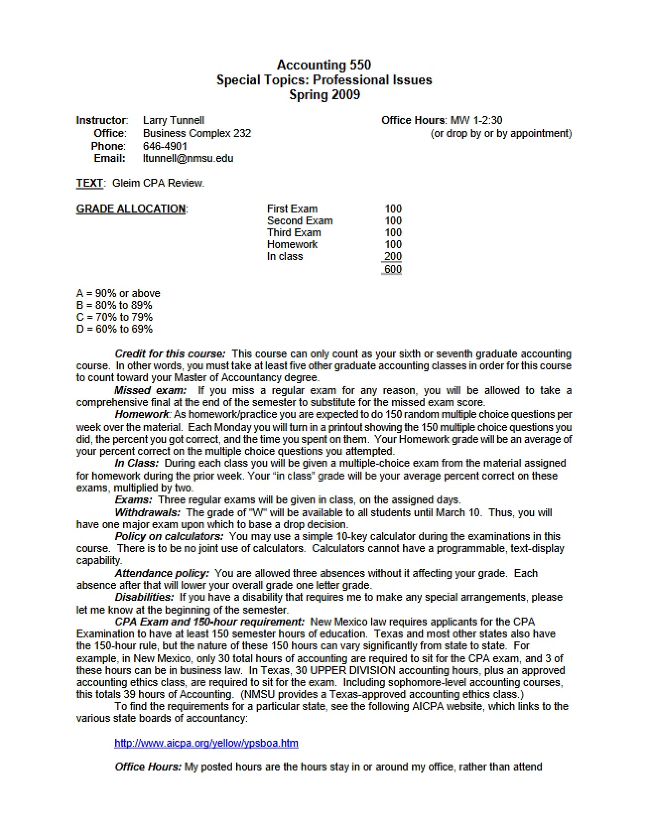 Professional Issues in Accounting Syllabus from Spring 2009 by Dr. Larry Tunnell