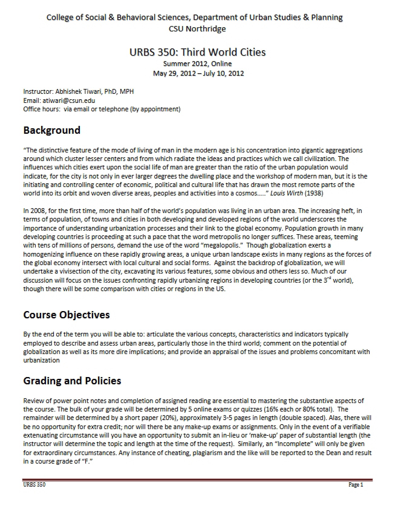Cities of the Third World Syllabus (Summer 2012)