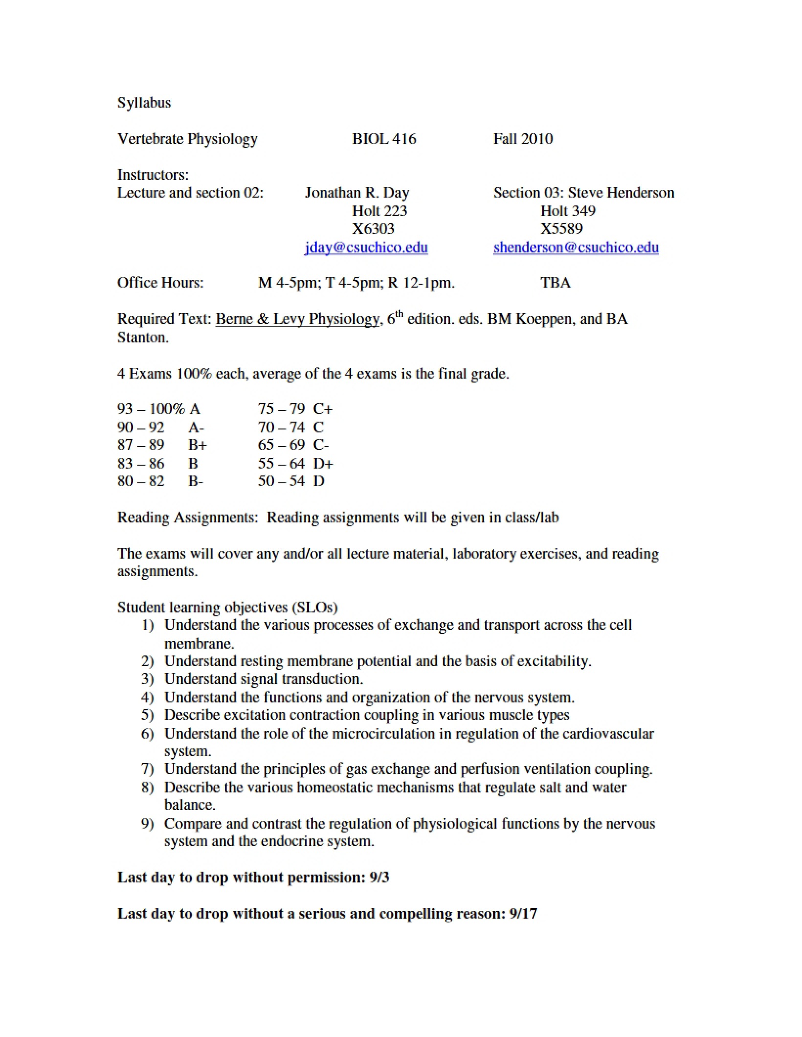 Course Syllabus for Vertebrate Physiology
