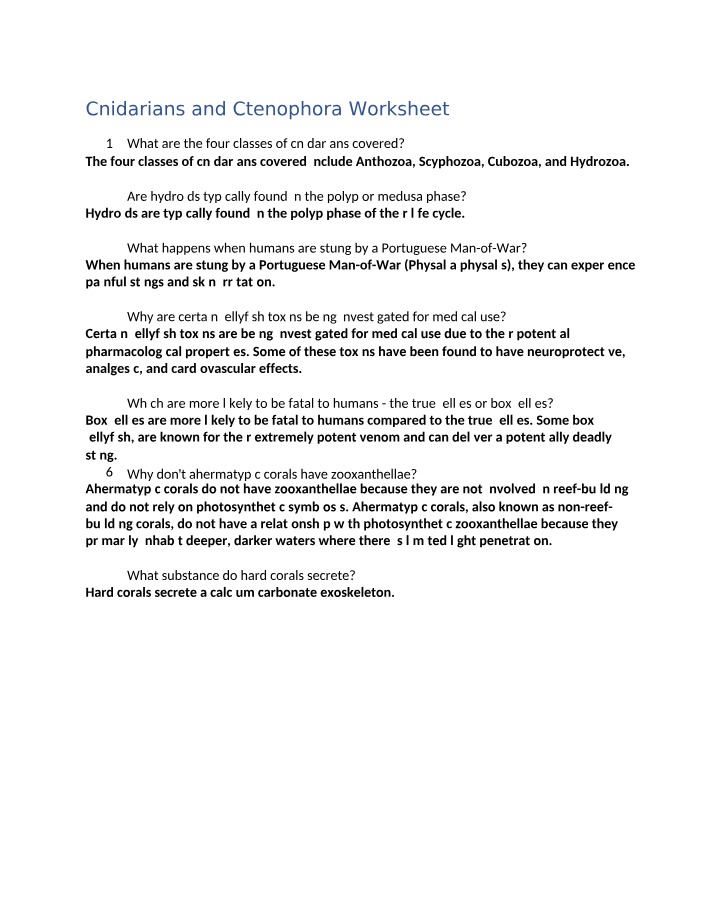 Worksheet for Cnidarians and Ctenophora