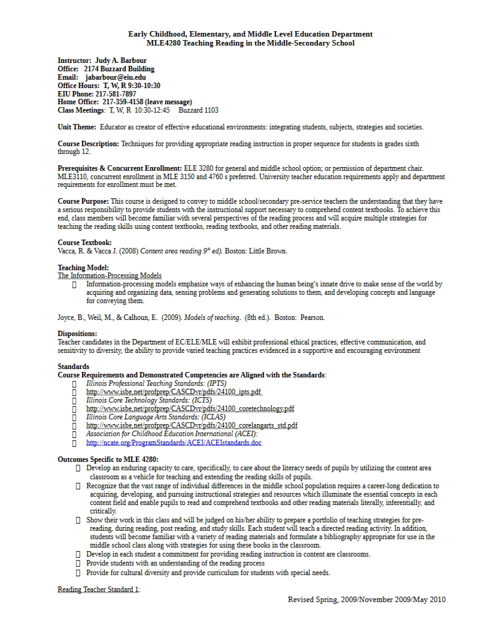 Barbour Syllabus for Content Area Reading