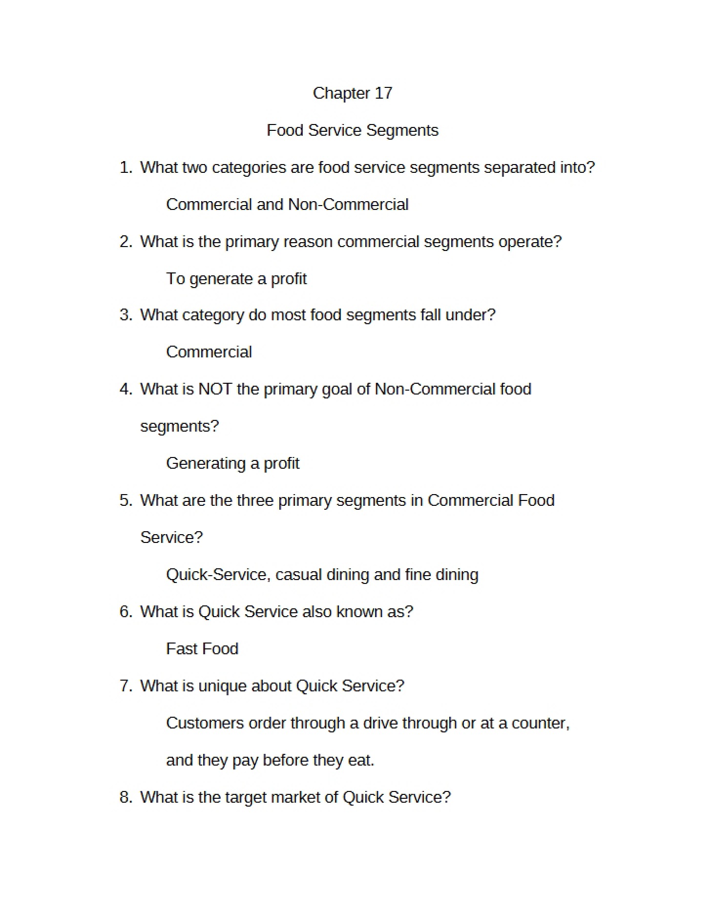 Overview of Food Service Segments