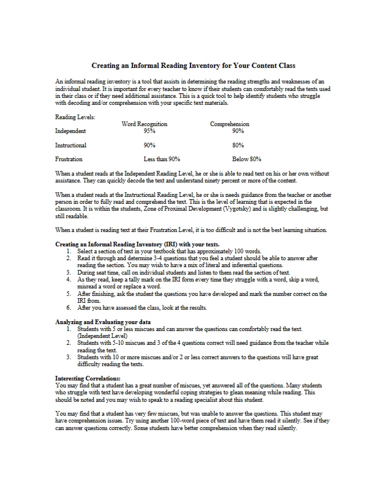 Informal Reading Inventory Creation