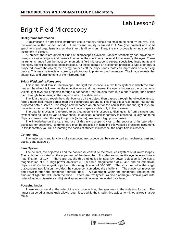 Bright Field Microscopy - Lab Lesson 6