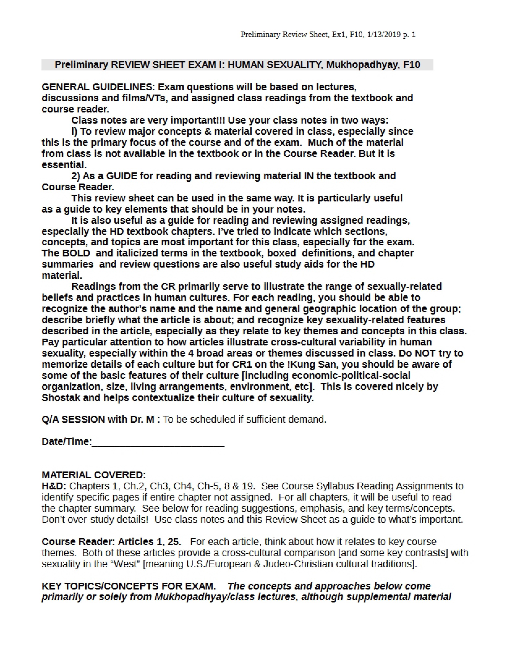 Exam One Review Sheet