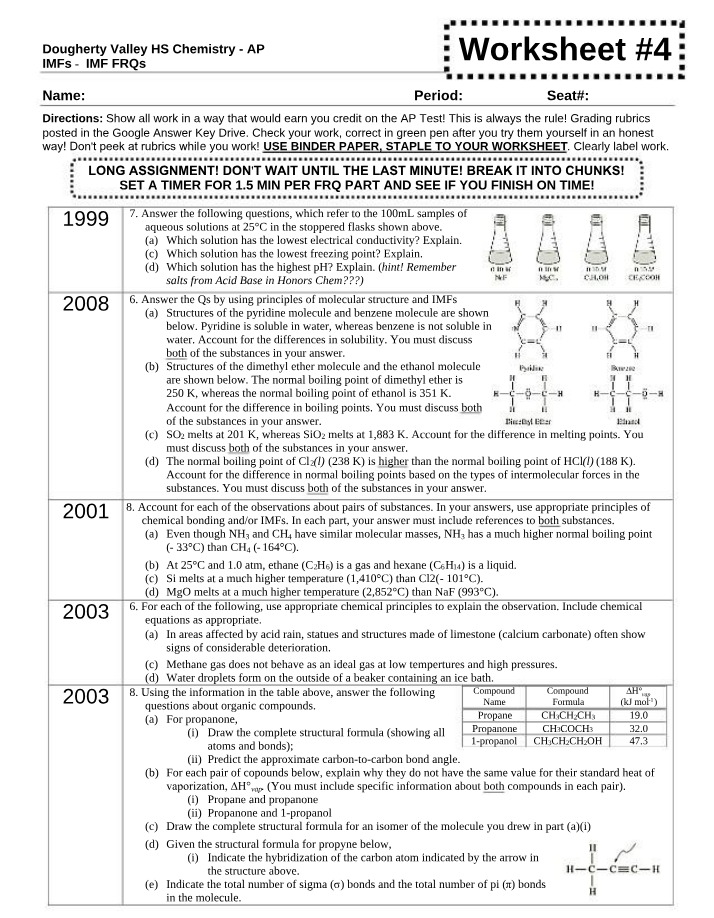 Worksheet 4 on IMFs for AP Chemistry