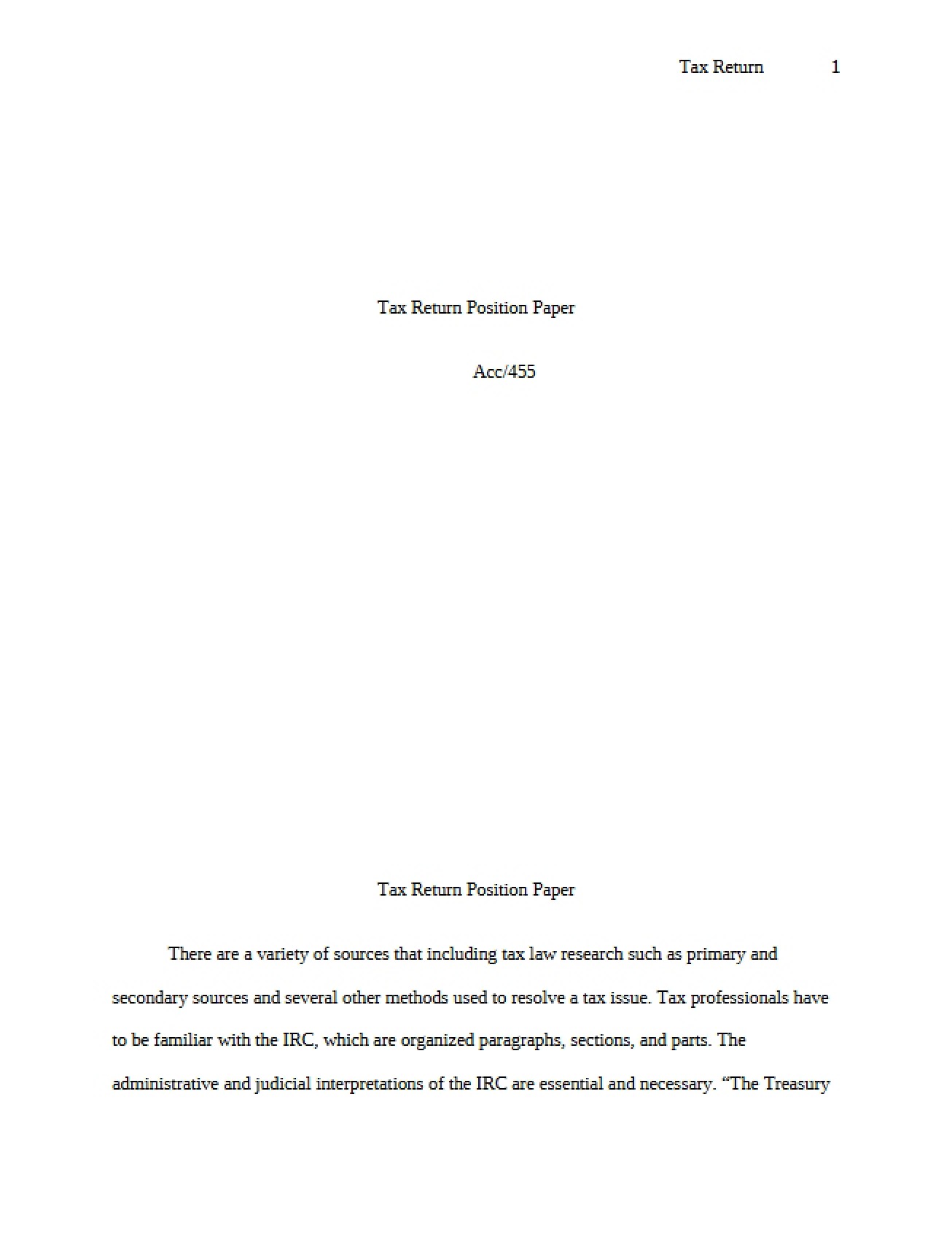Paper on Tax Return Positions