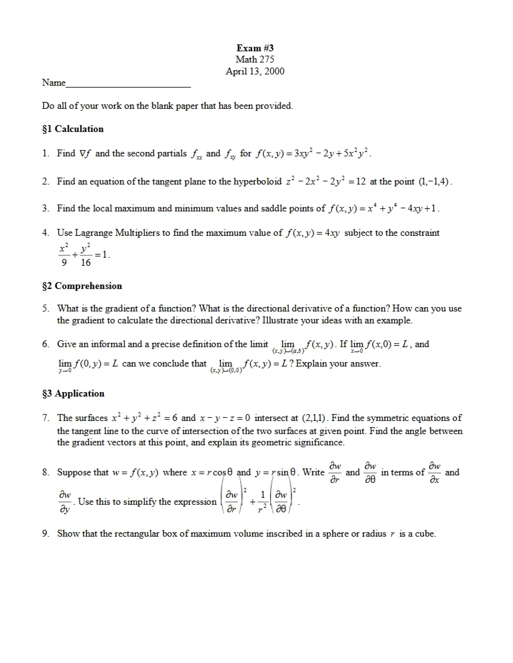 Third Exam in Calculus III