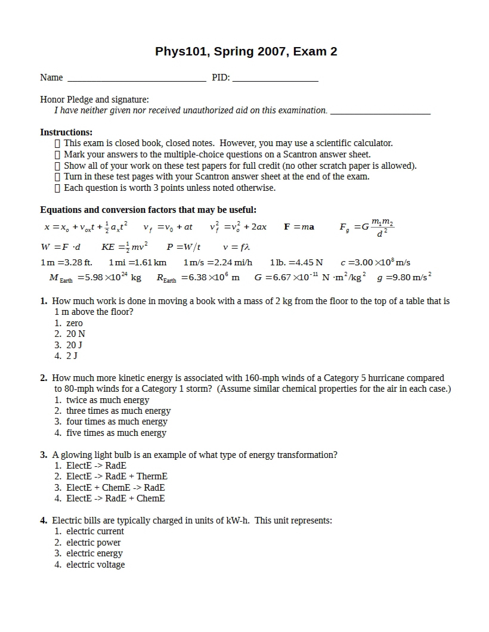 Second Exam for PHYS 101