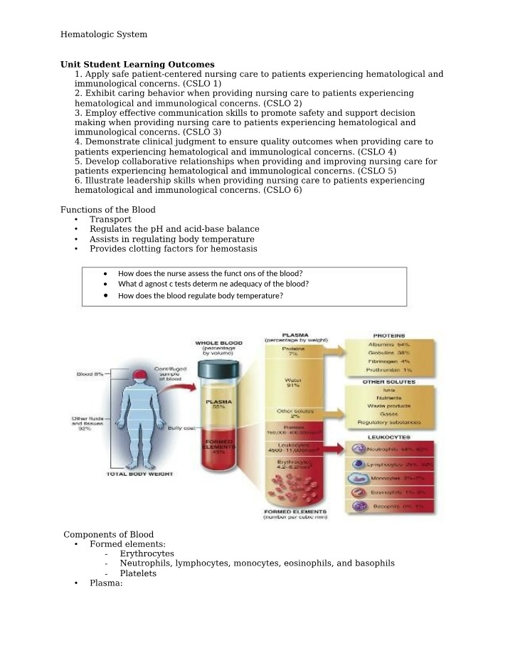 Notes on Hematologic System