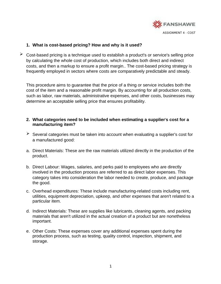 Estimating Supplier Costs and Cost-Based Pricing