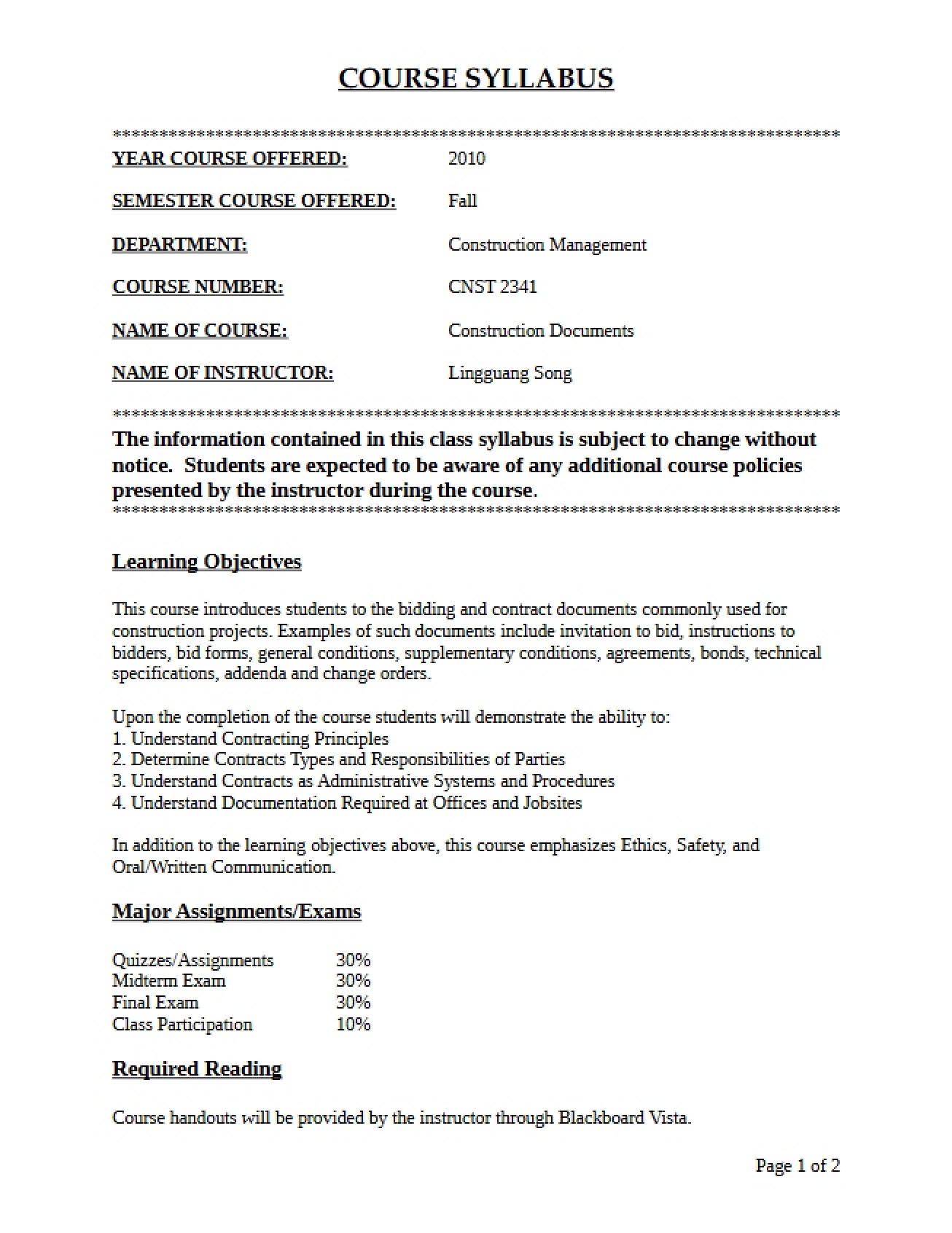 Construction Docs Syllabus