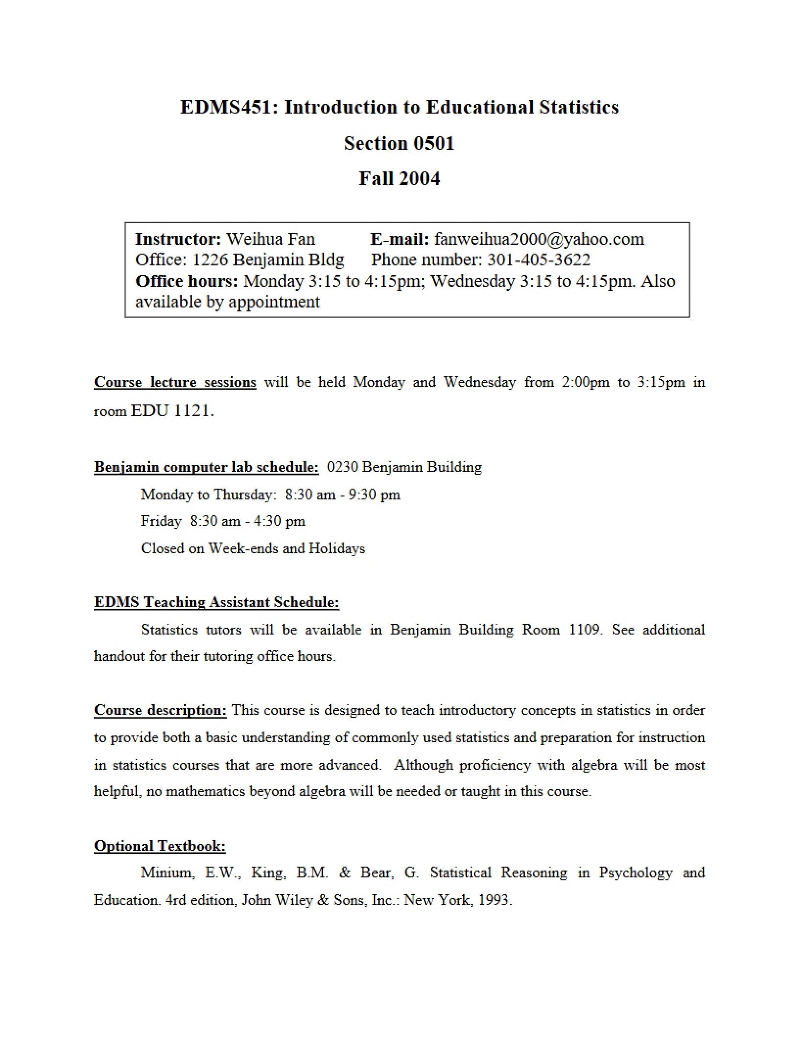Syllabus for Statistics