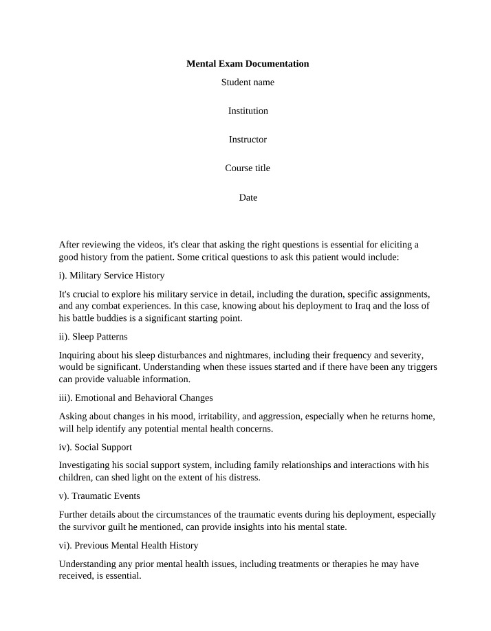 Military History and Sleep Patterns - Mental Exam Documentation