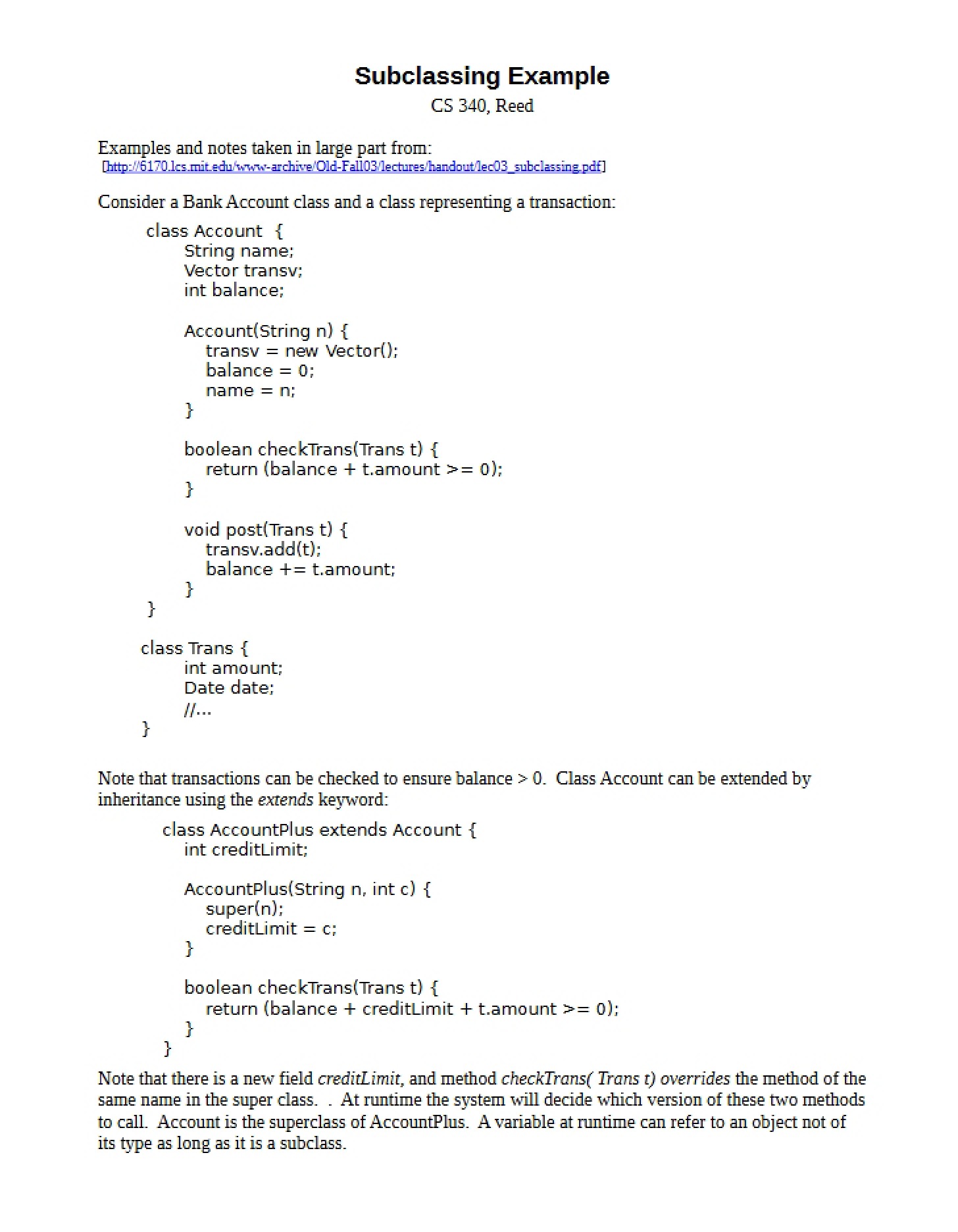 Example of Subclassing
