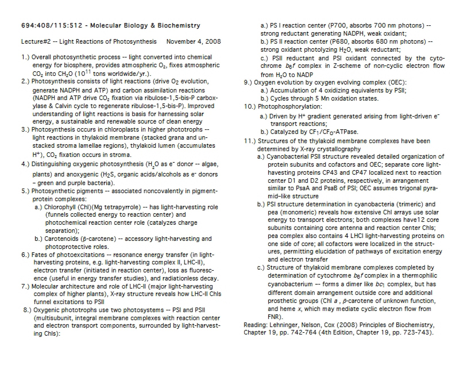 Photosynthesis Light Reactions Lecture Two