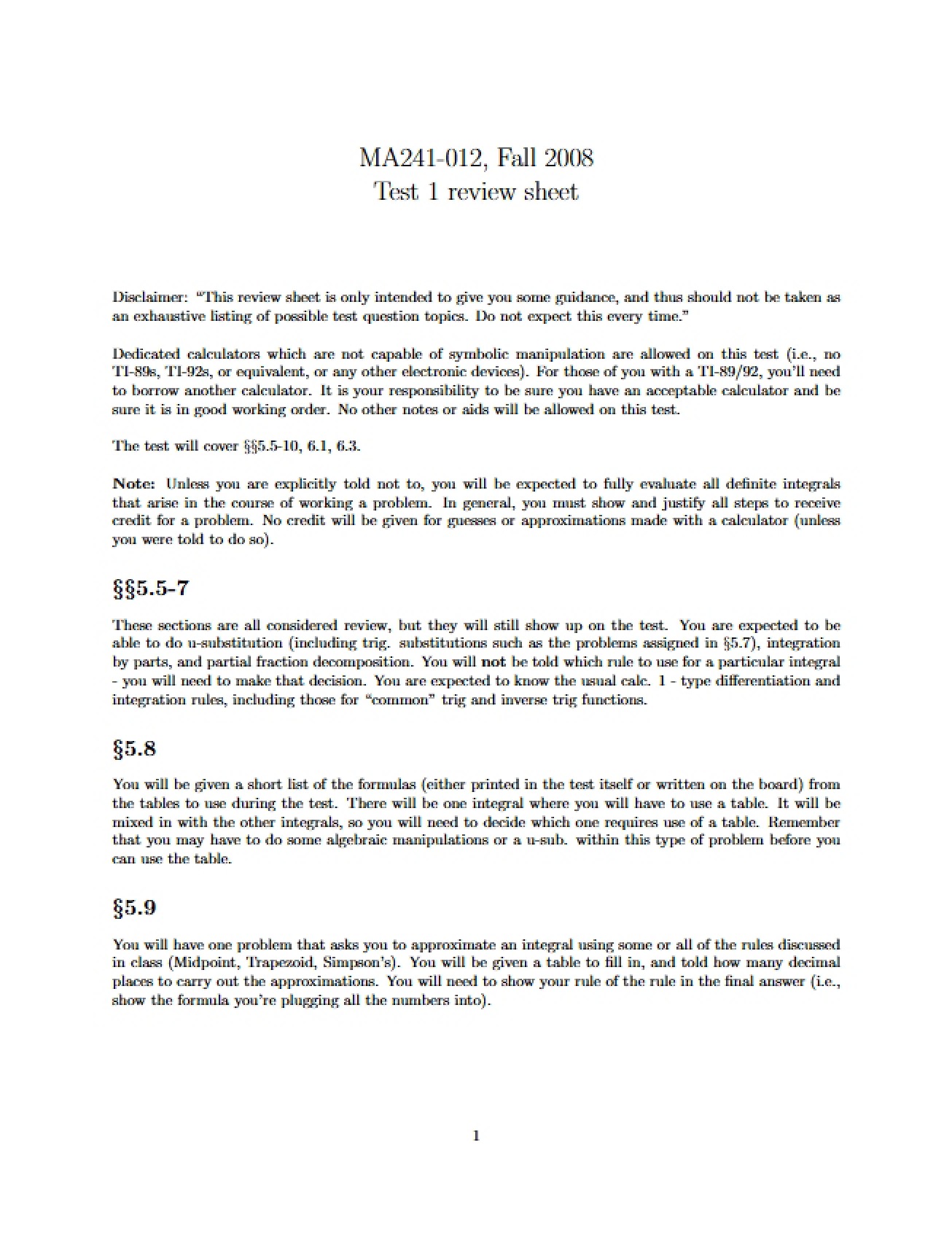 Review Sheet One