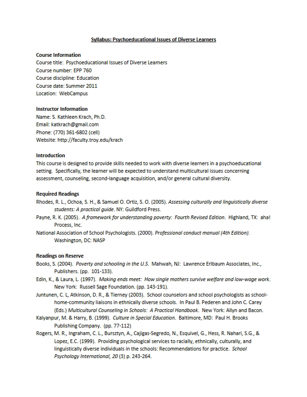 Diverse Learners Psychoeducational Issues Syllabus