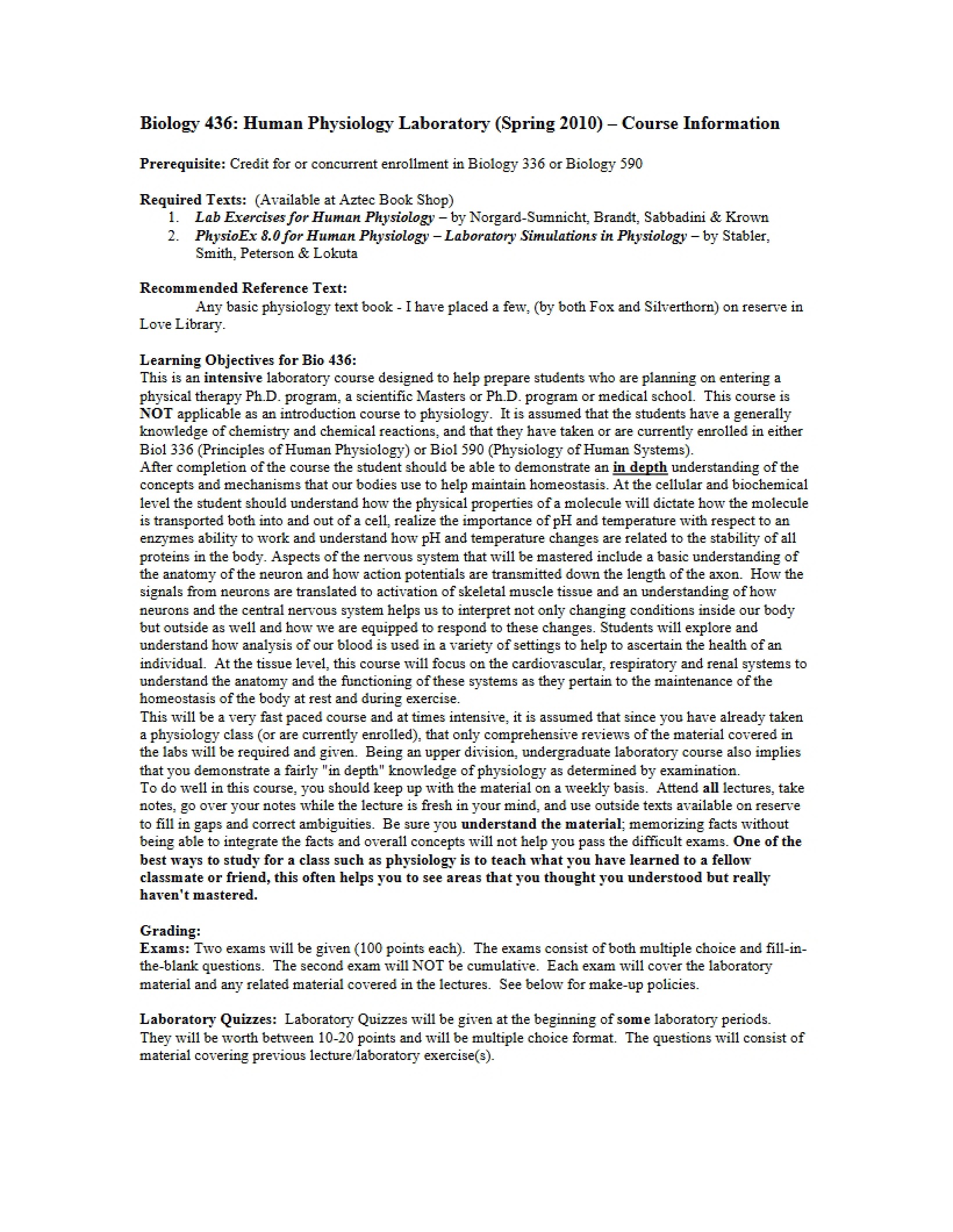 Syllabus for Physio Lab