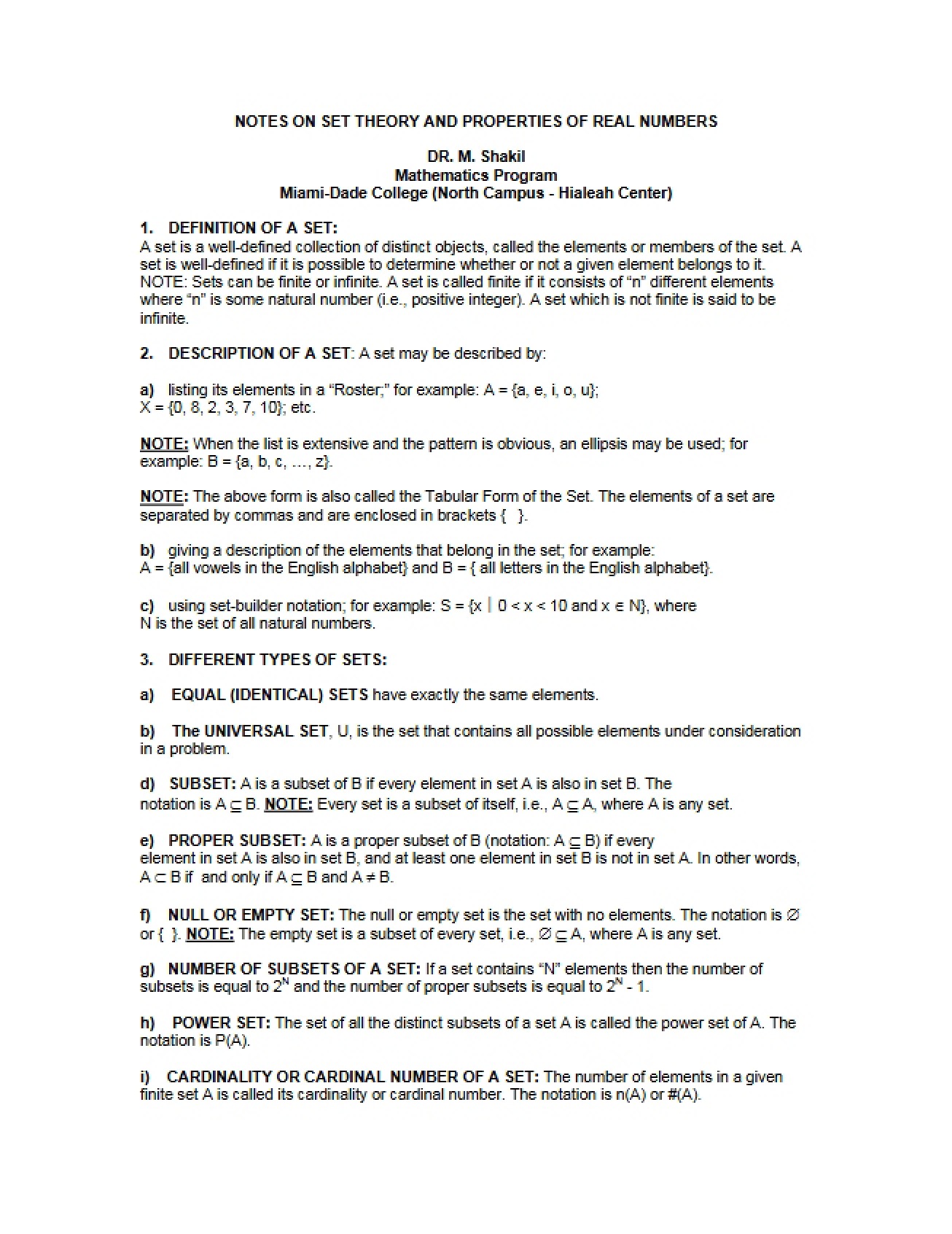 Set Theory and Real Number Properties Notes