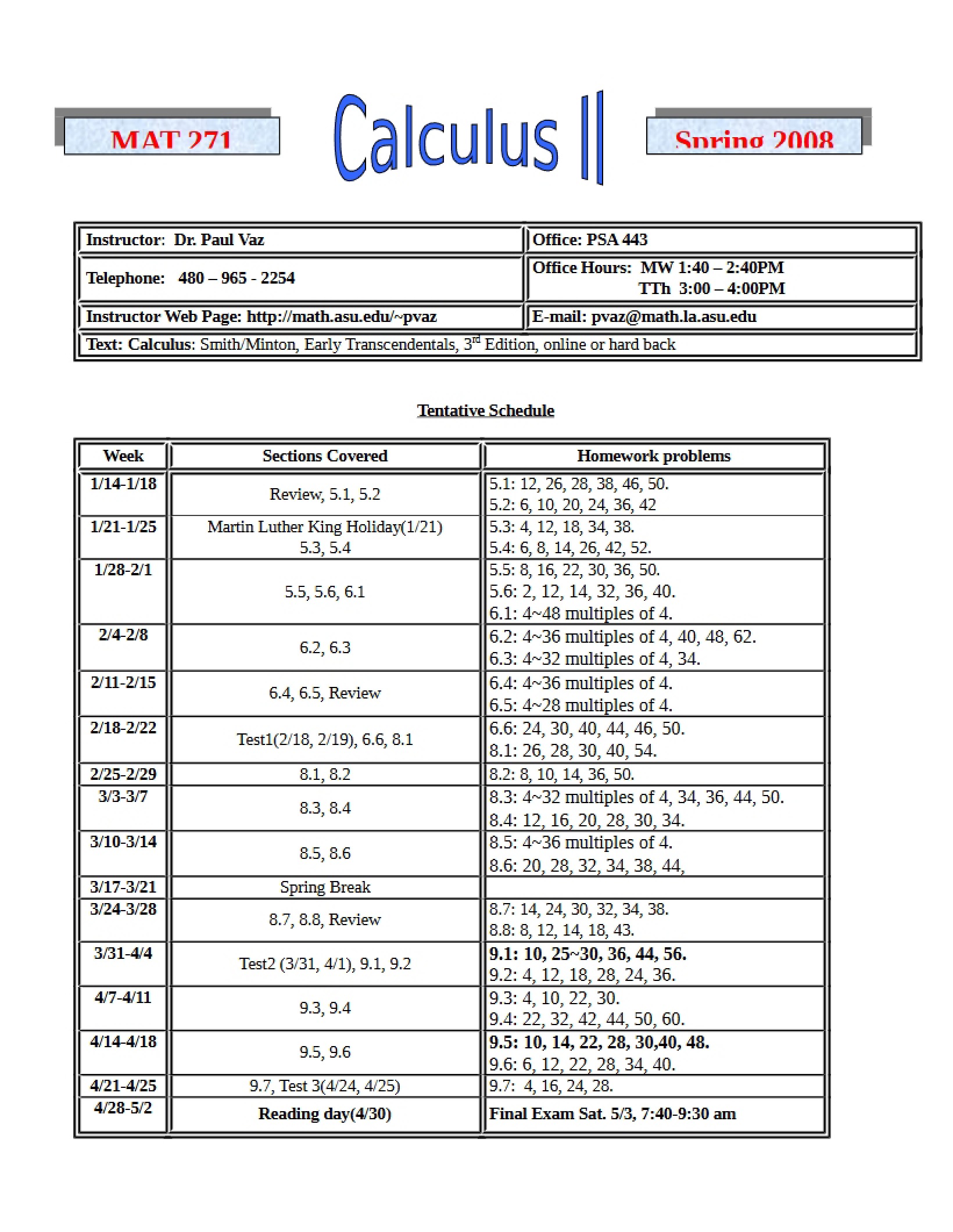 Calculus with Analytic Geometry II Syllabus