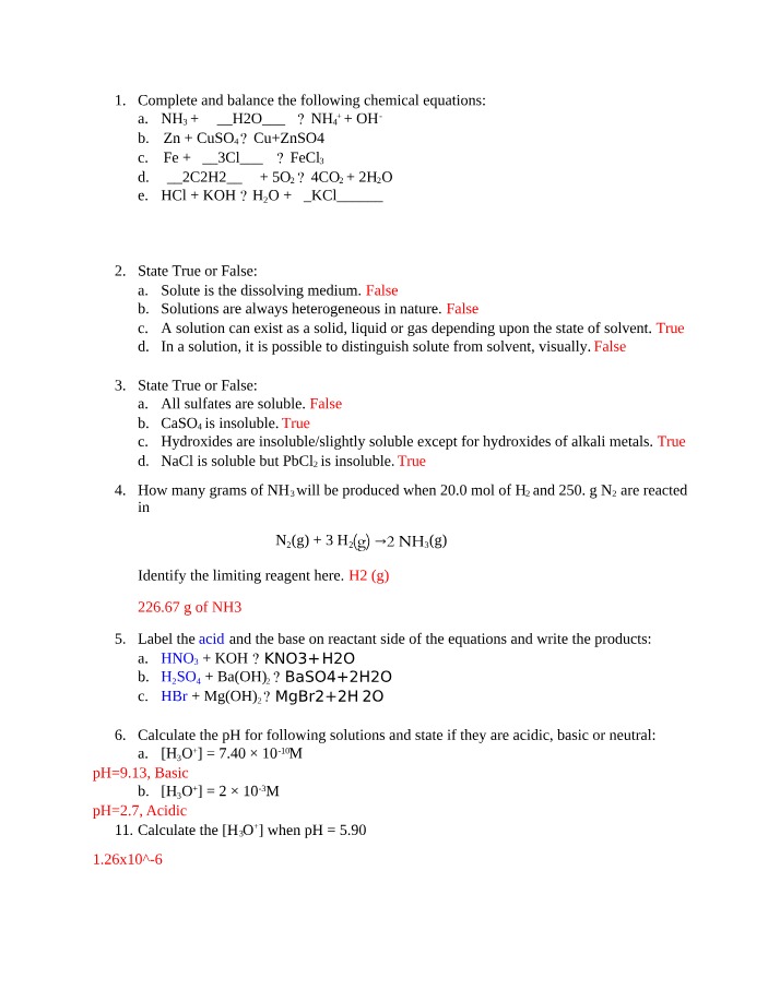 Balancing and Completing Chemical Equations for NH3, Zn, Fe