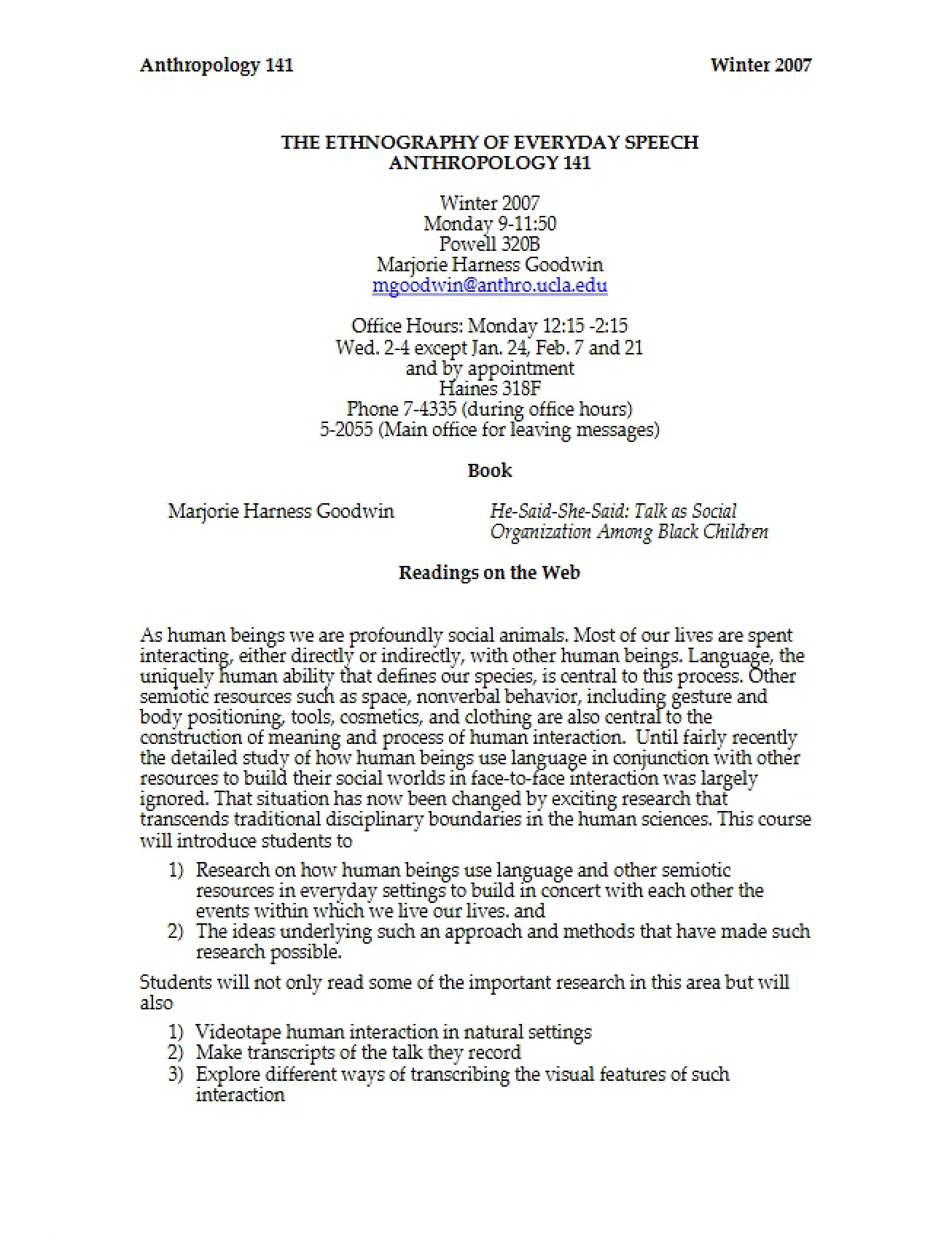 Syllabus for Anthro 141, Winter 2007