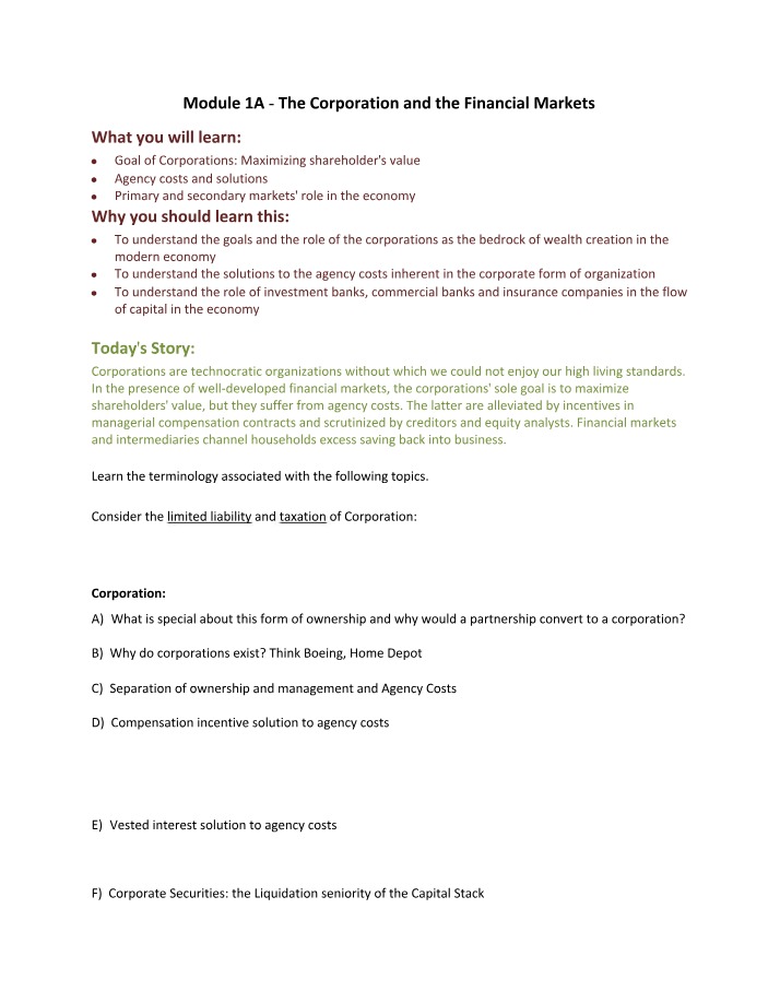 Module 1A - The Corporation and Financial Markets