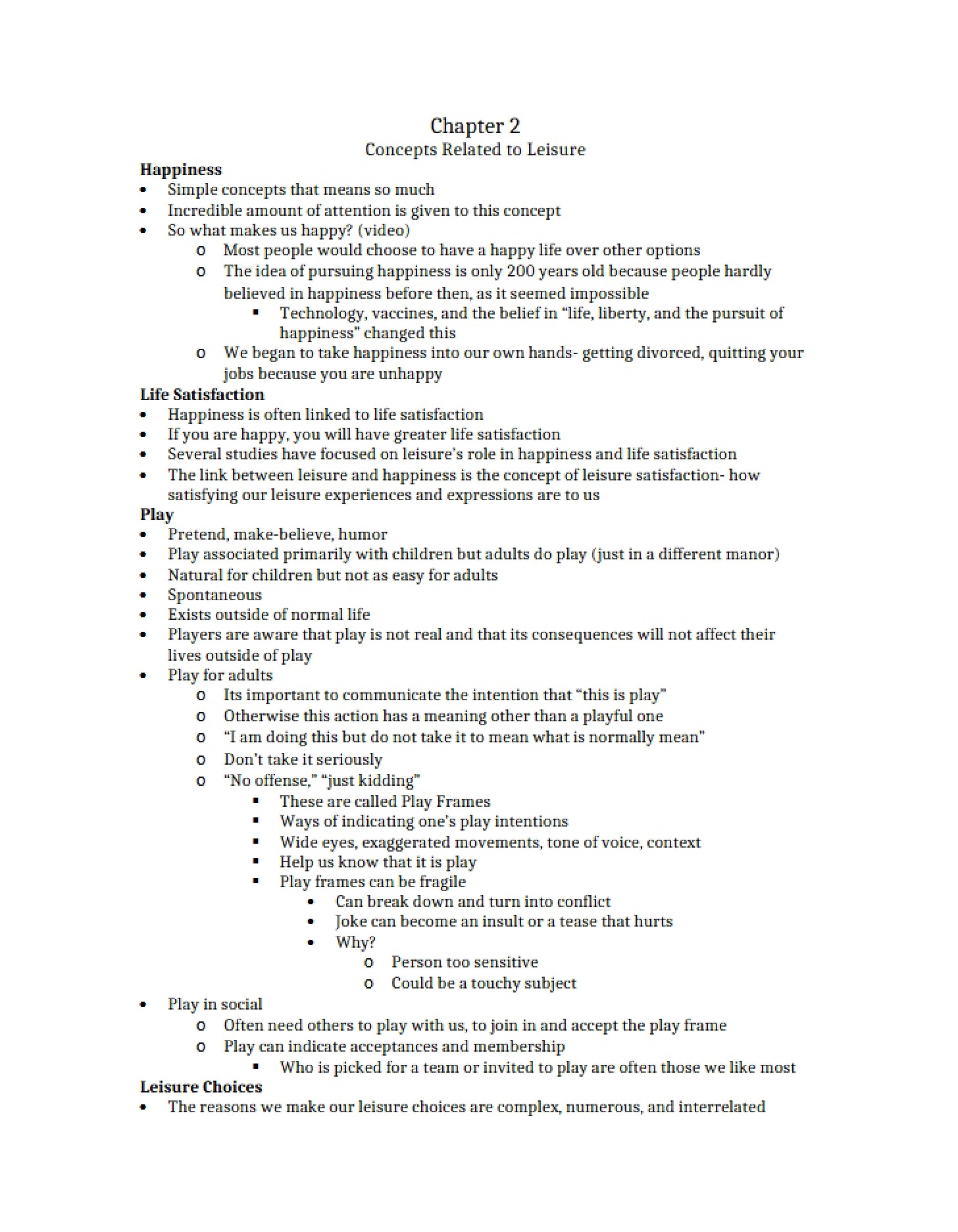 Concepts Related to Leisure (Chapter 2)