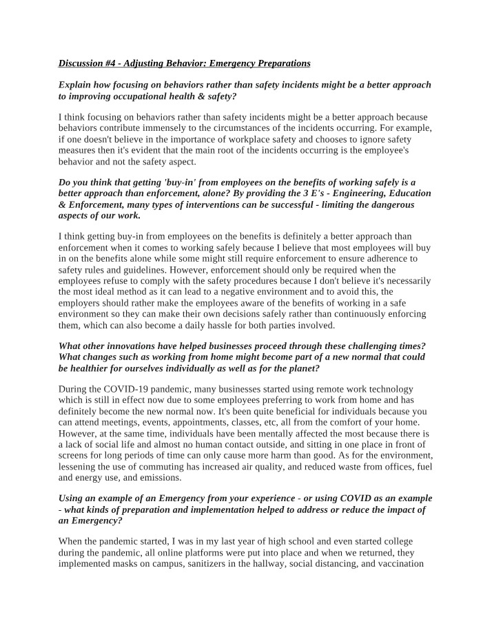 Focusing on Behaviors for Occupational Health & Safety