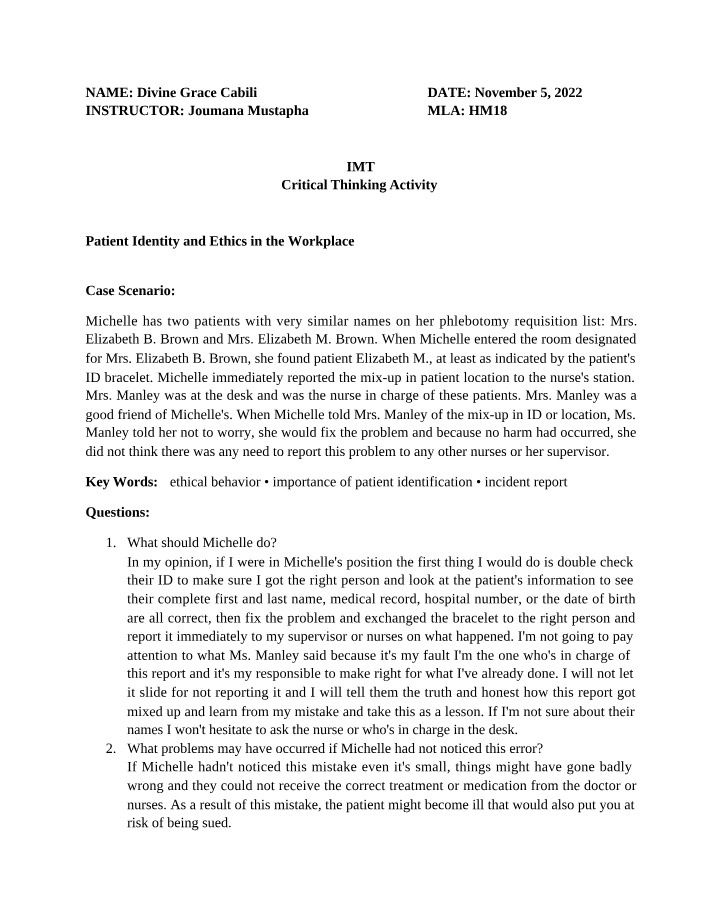 Workplace Ethics and Patient Identity