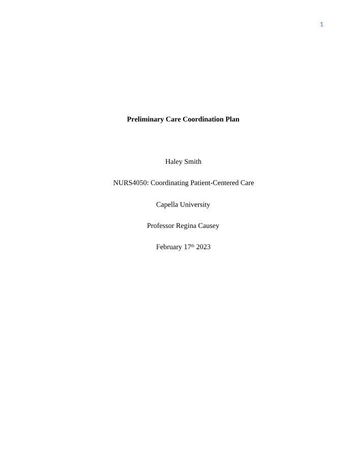 Pain Management - Preliminary Care Coordination Plan