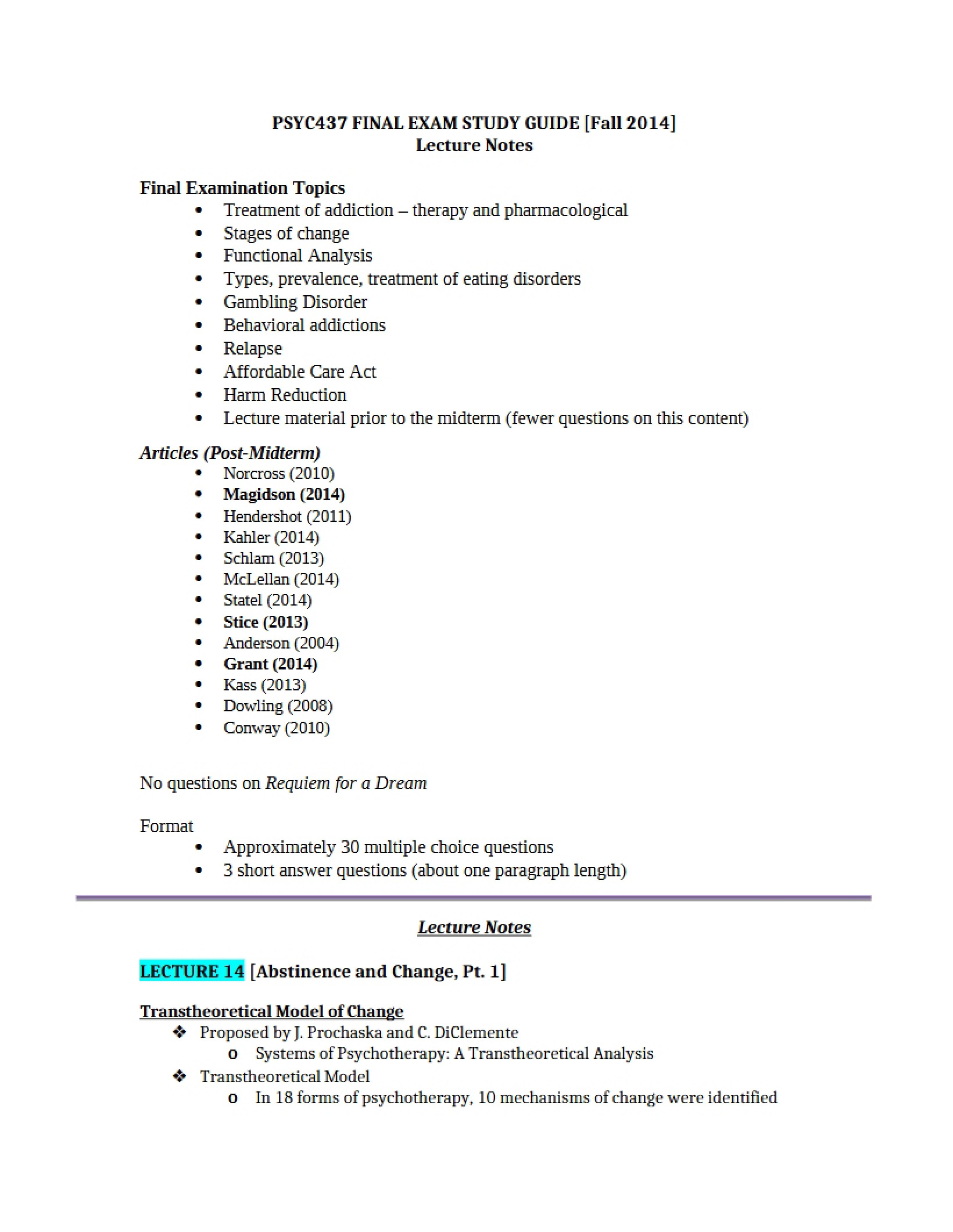 Guide for Final Exam Study