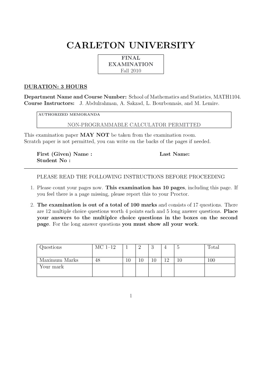 Fall 2010 Final Exam for MATH1104