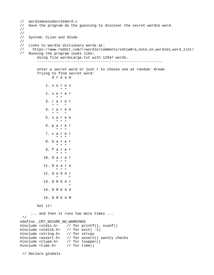 wordleGuessSecretword C Implementation