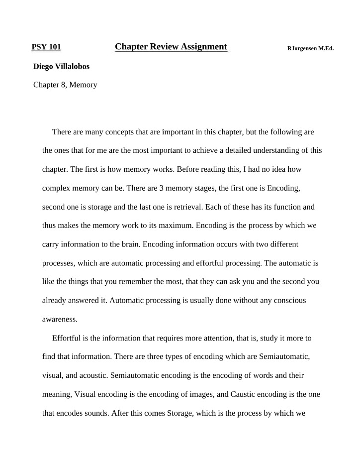 PSY 101 - Memory Chapter Review Assignment