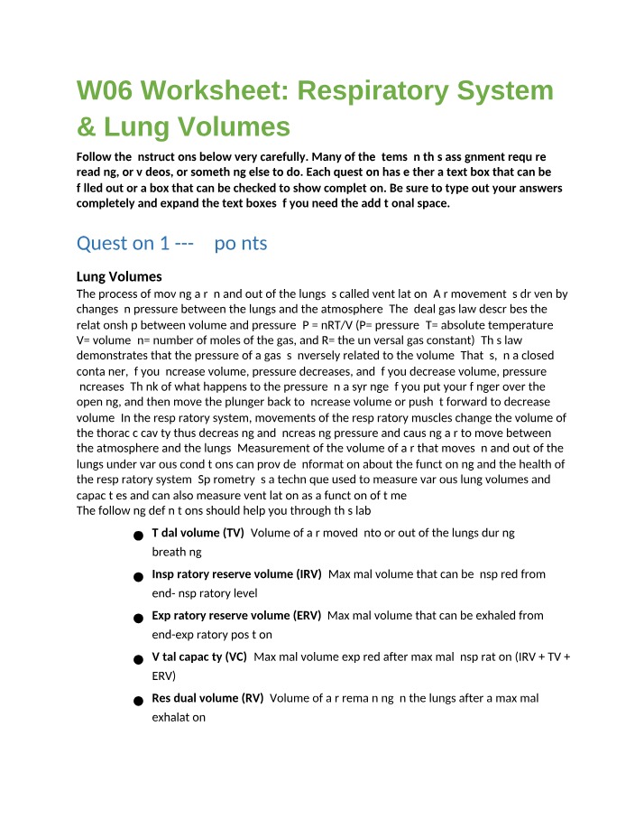 Respiratory System and Lung Volumes - W06 Worksheet