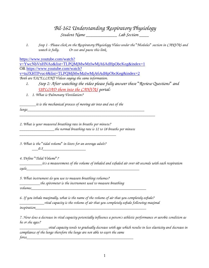 Worksheet on Respiratory Physiology