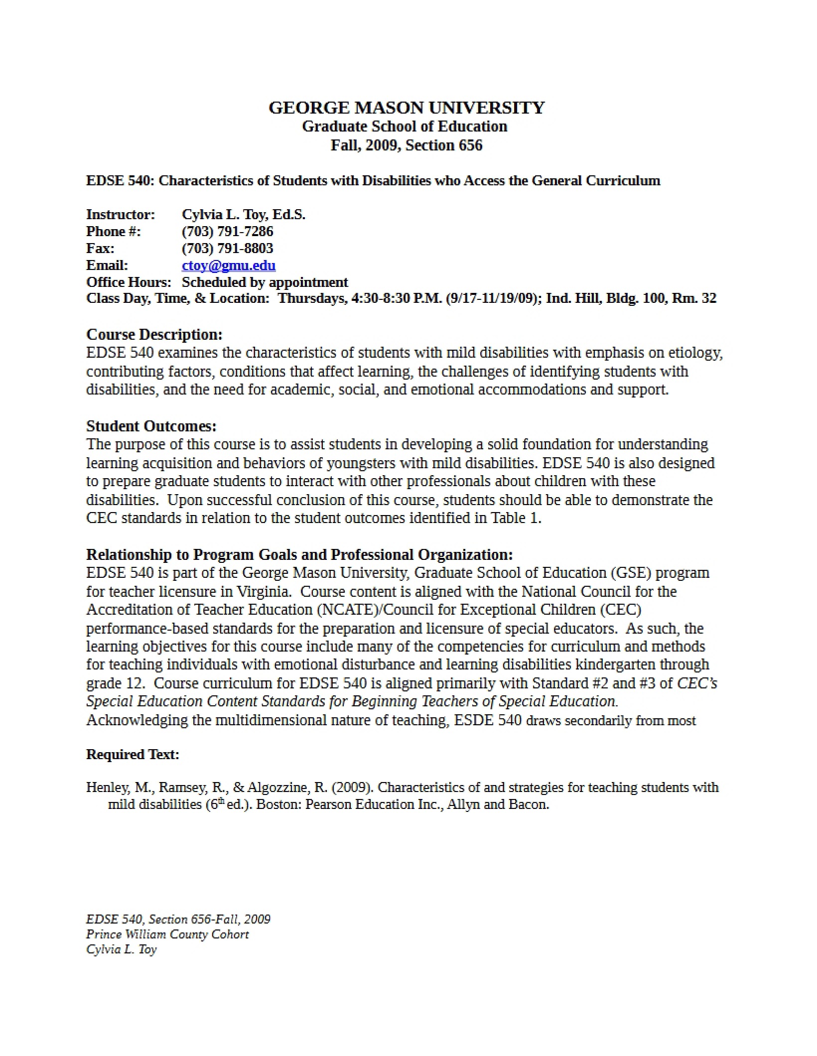 Course Outline Characteristics of Students with Disabilities