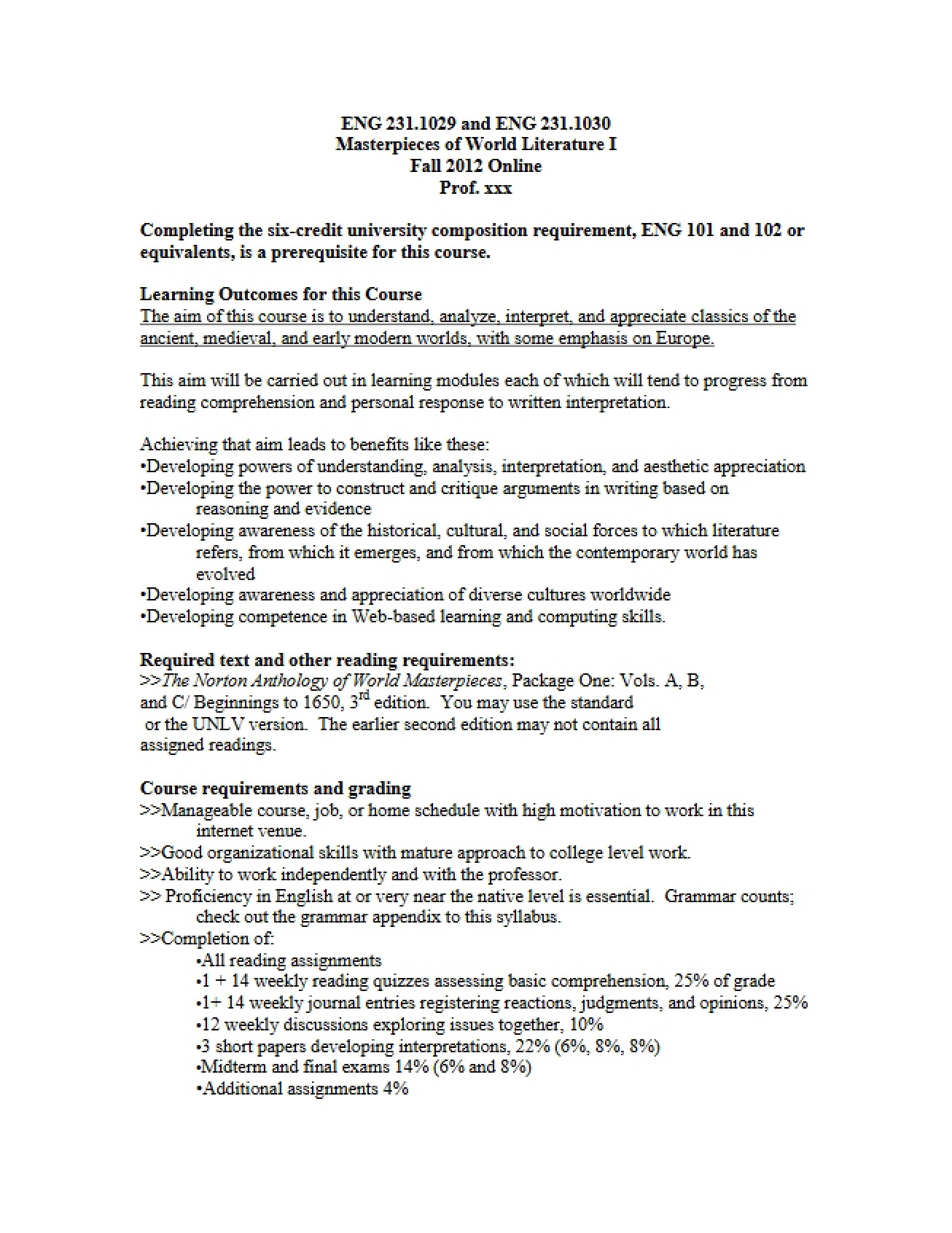 World Literature I Syllabus