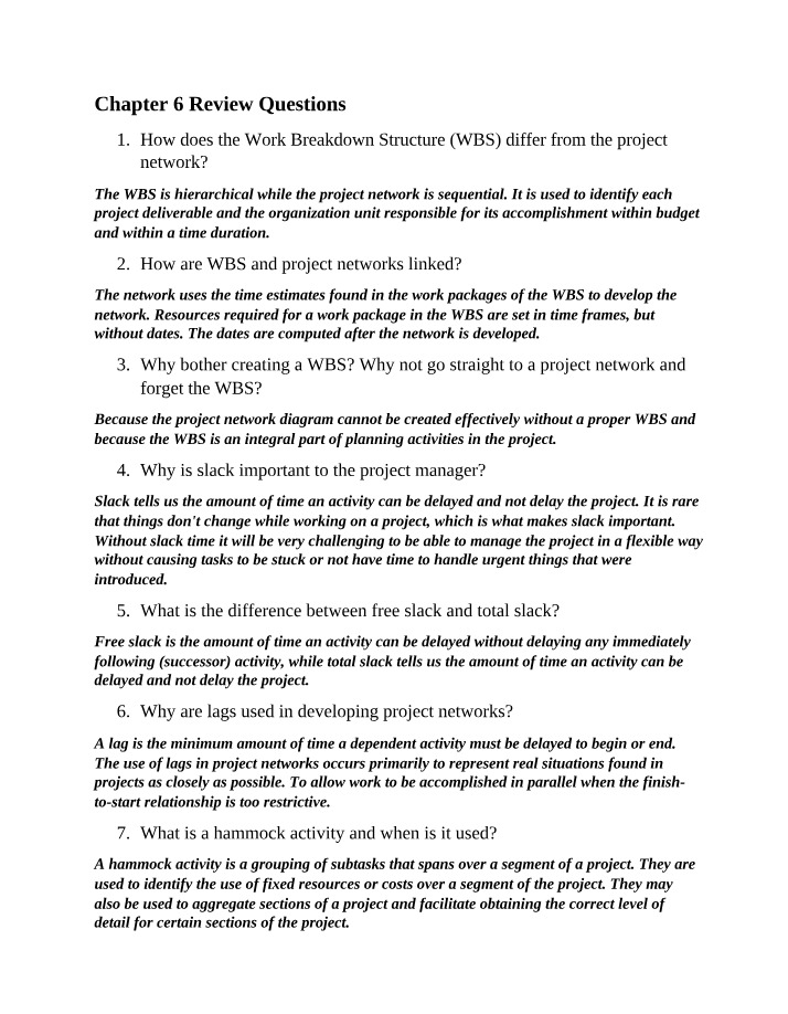 Work Breakdown Structure and Project Networks - Chapter 6 Review