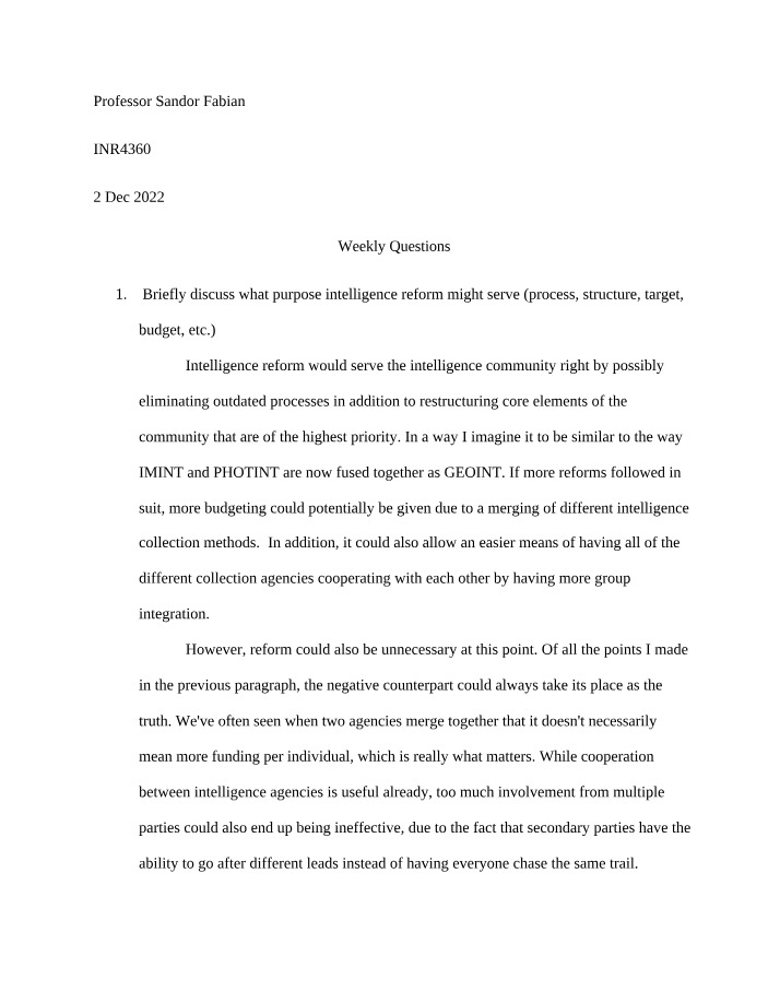 Weekly Questions on the Impact of Intelligence Reform