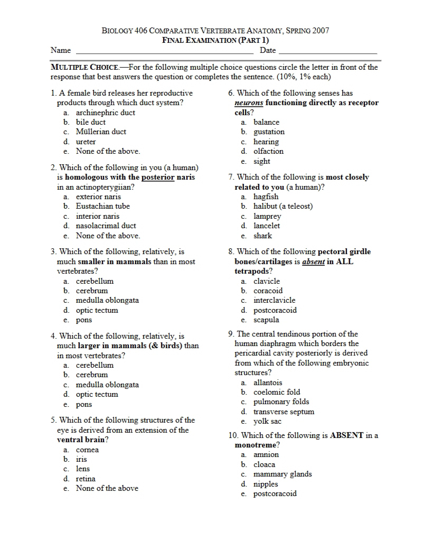 Human and Comparative Anatomy Examination (7)