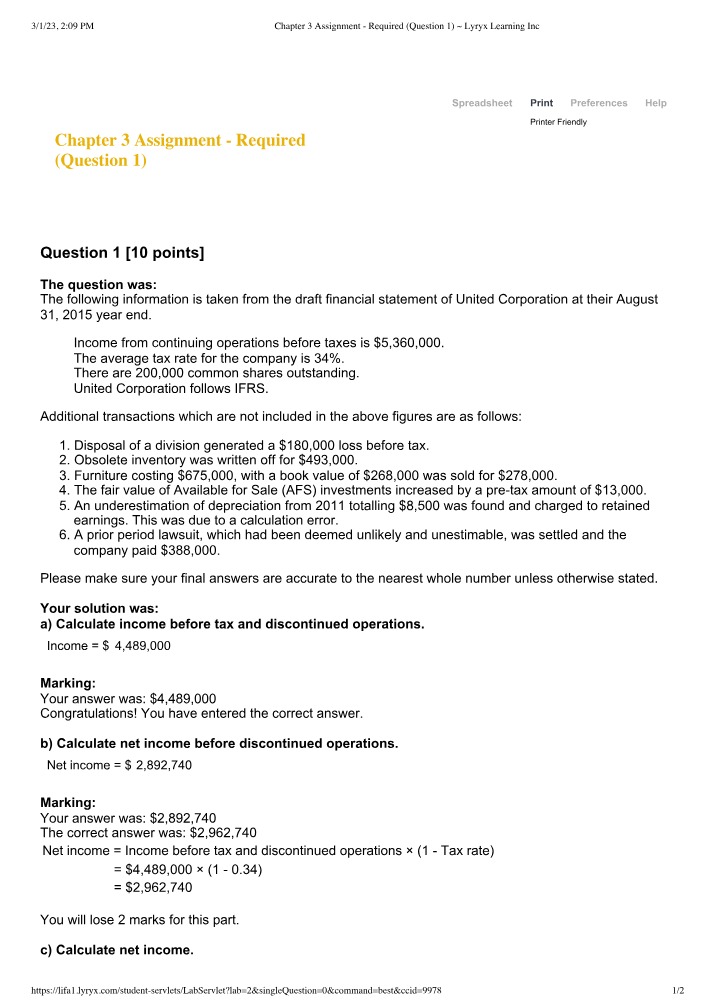 Net Income and Earnings per Common Share Calculation - United