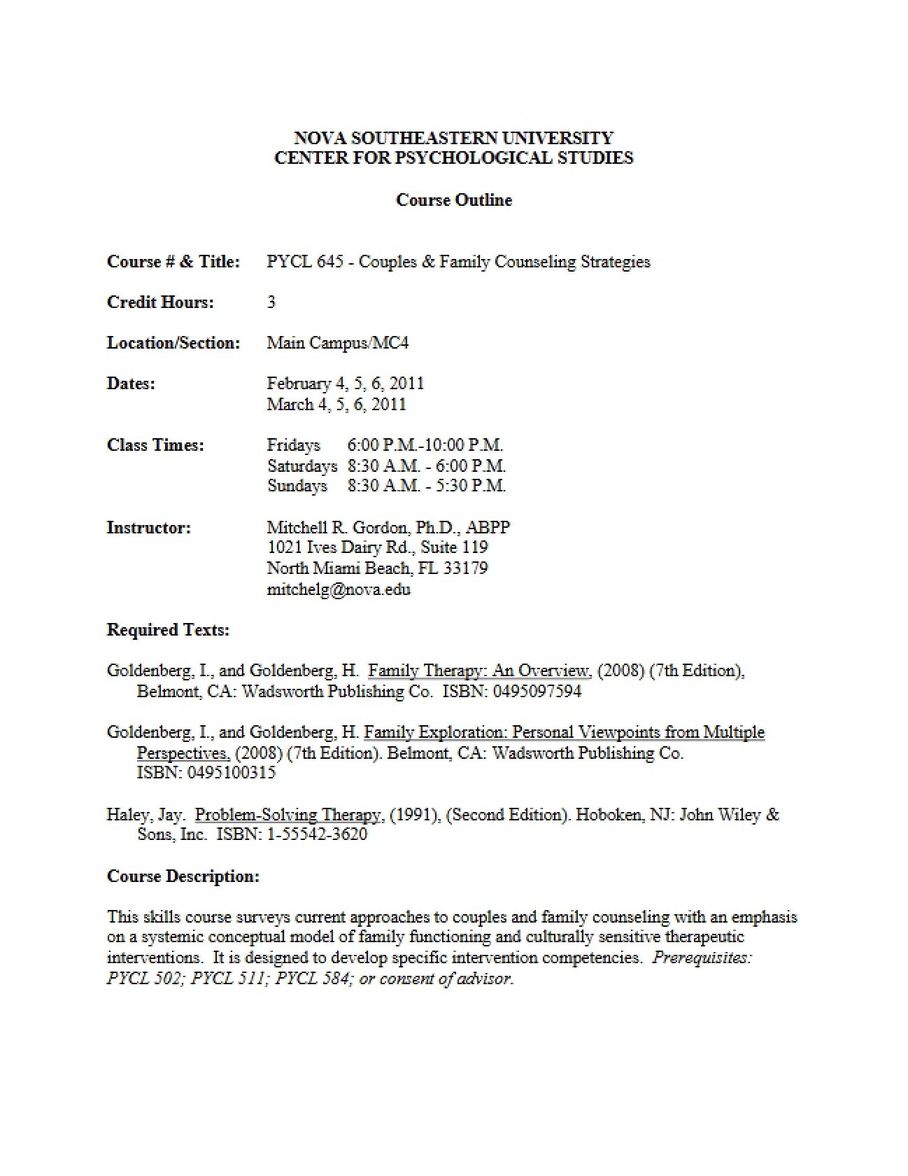 Course Outline: Family Counseling