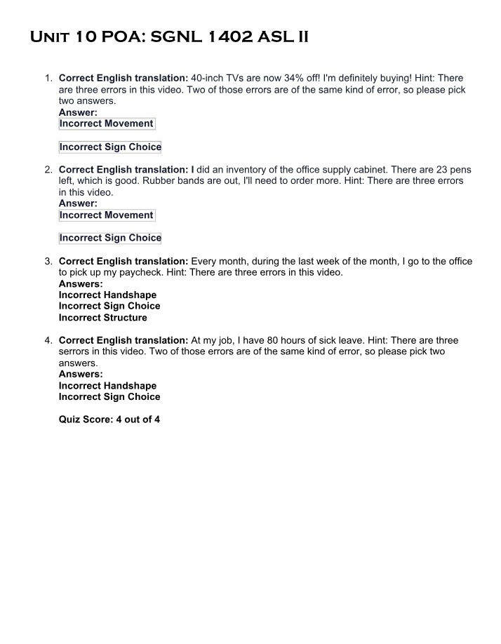 Unit 10 POA Quiz - SGNL 1402 ASL II