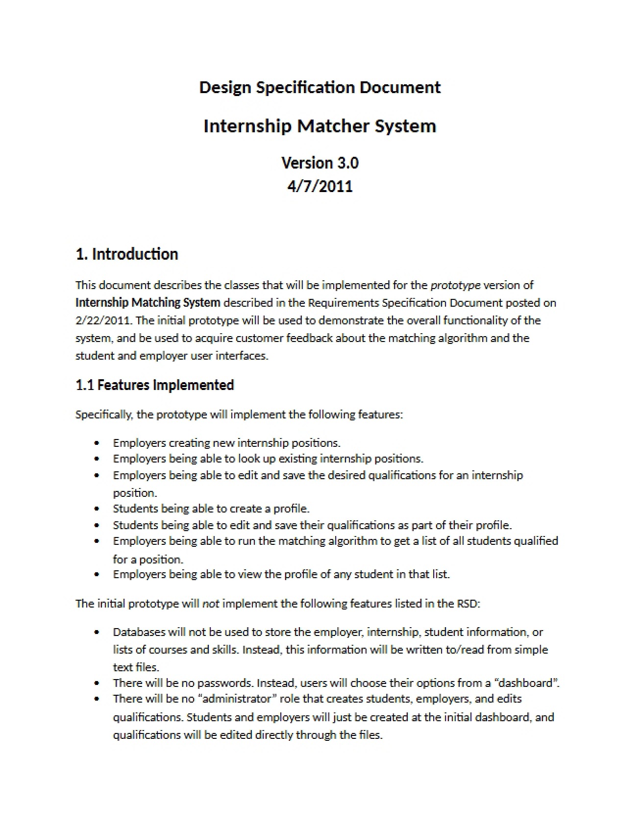 Document for Design Specifications