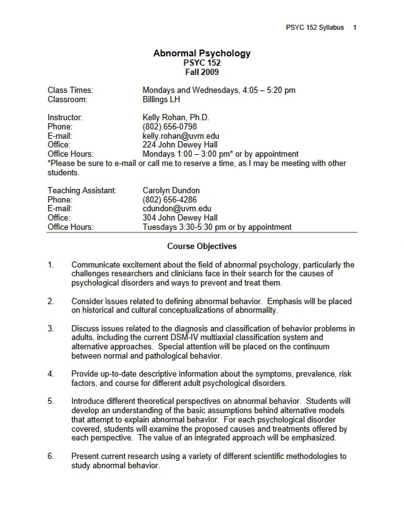 Psychology of Abnormality Syllabus