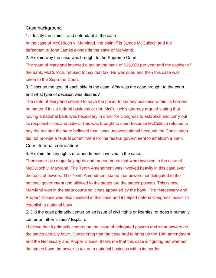 Case Analysis - McCulloch v. Maryland