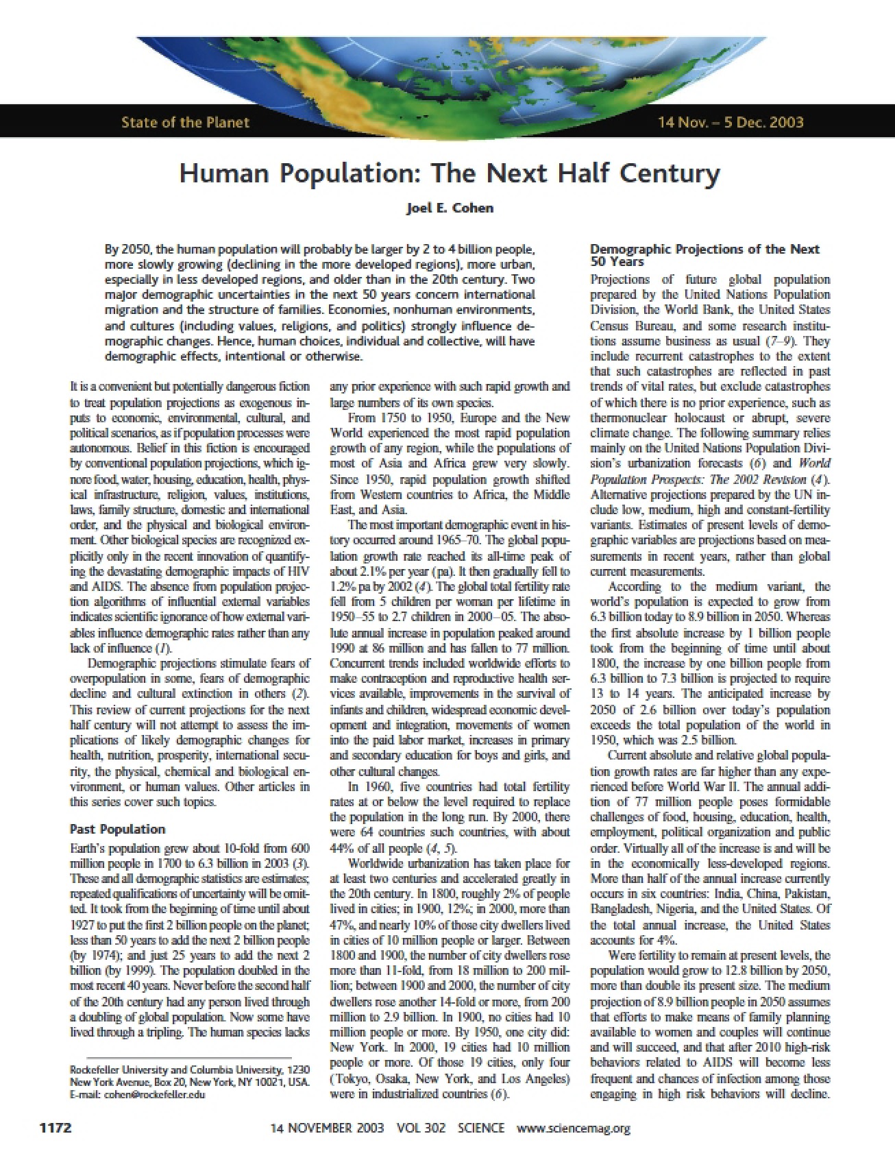Projections for Human Population in the Next Fifty Years
